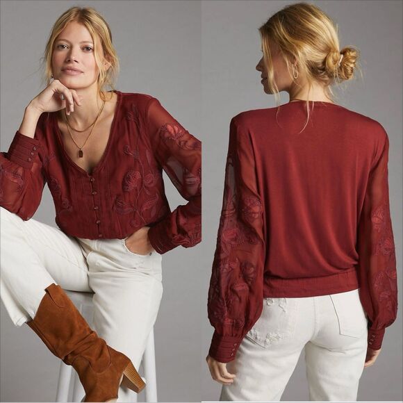 Anthropologie Tops - Anthropologie Embroidered Floral Top Size XL Wine Buttondown Boho Sheer Sleeve